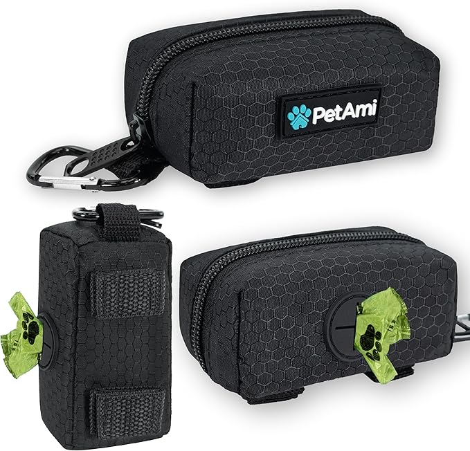 PetAmi Dog Poop Bag Holder for Leash, Dog Treat Pouch Leash, Pet Waste Bag Dispenser with Clip, Doggy Puppy Walking Accessories Supplies with 1 Dog Bag Roll (Black, 1 Pack)