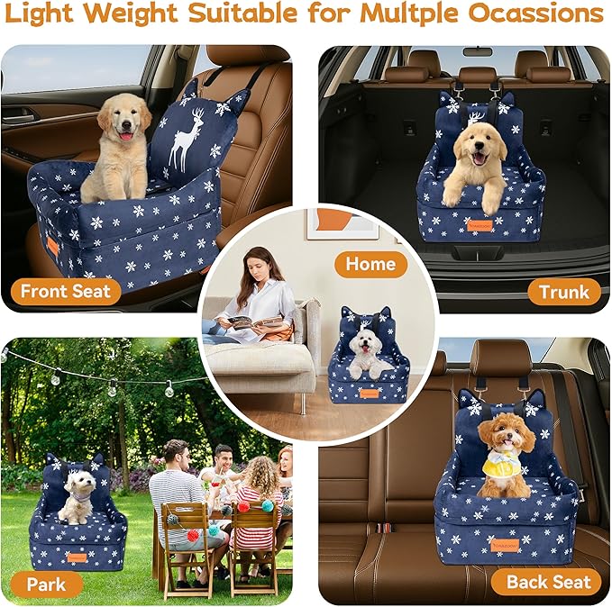 CABZOON Christmas Dog Car Seat for Small/Medium Dogs Up to 35lbs,Elevated Cushion Fits in Front/Back Seat,Travel Safety Per Car Bed with Washable Removable Cover, Storage 2 Pockets Christmas Elk