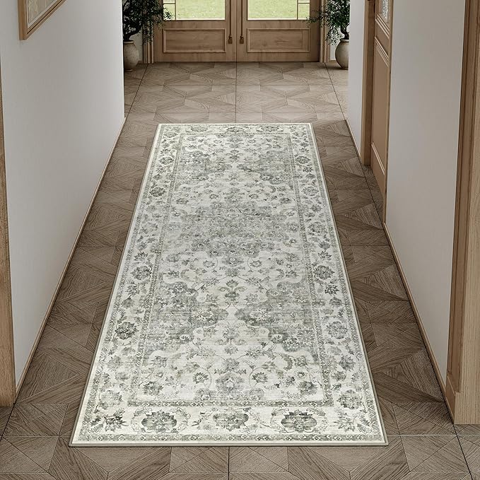 2x5 Washable Neutral Runner Rug Green Vintage Hallway Kitchen Carpet Non-Slip Soft Low Pile Farmhouse Throw Rug for Bedroom Bathroom Laundry Living Room