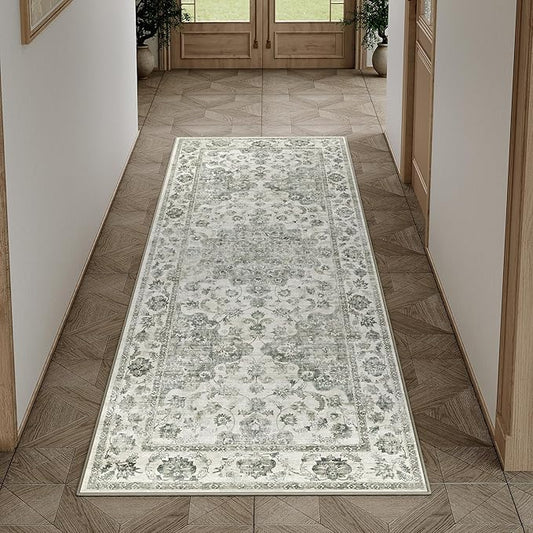 2x5 Washable Neutral Runner Rug Green Vintage Hallway Kitchen Carpet Non-Slip Soft Low Pile Farmhouse Throw Rug for Bedroom Bathroom Laundry Living Room