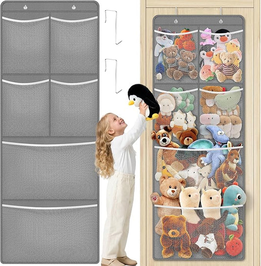 Stuffed Animal Storage - Large Over the Door Organizer with 6 Expandable Mesh Pockets & Metal Hooks, Non-Woven Fabric Hanging Plush Items Holder for Nursery, Bedroom, Playroom (Gray)