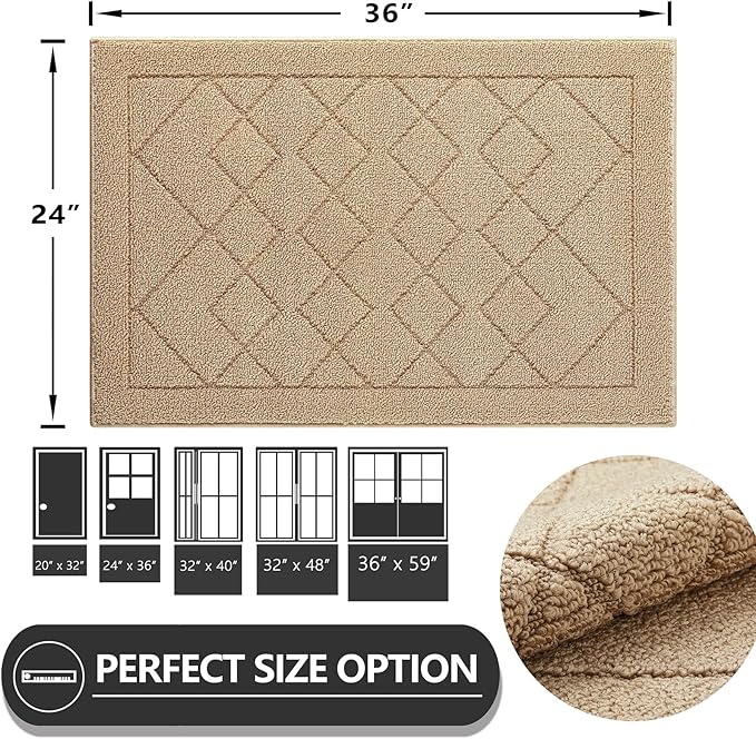REFETONE Indoor Doormat, Front Back Door Mat 24"x36" Rubber Backing Non Slip Mats, Absorbent Washable Entrance Doormat for Entryway, Resist Dirt Low-Profile Inside Floor Mat for Muddy Shoes, Brown