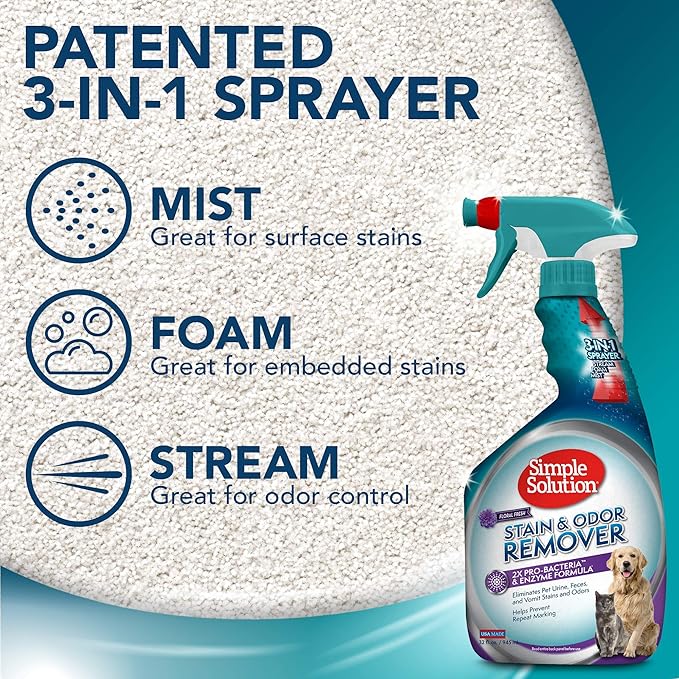 Simple Solution Stain & Odor Eliminator for Pets, Carpet Deodorizer, Enzyme Pet Odor Eliminator for Home, Stain Remover for Cat & Dog Pee, Urine Destroyer, Carpet Cleaner Spray, Fresh Floral,32 oz