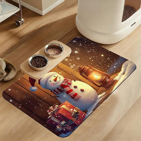 Chirstmas Gifts Dog Cat Food Mat, Cute Snowman Absorbent Waterproof Placemat for Food and Water Bowls, Non Slip Rubber Backing, Feeding Mat for Clean Floors 16"x24"