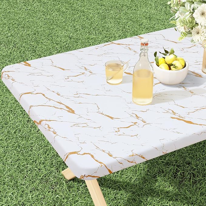 misaya Rectangle Vinyl Flannel Backed Tablecloth, Elastic Waterproof Fitted Table Cover, Plastic Table Cloth Fit 4 Foot Folding Tables for Picnic, Camping, Outdoor (White Gold Marble, 30x48 inch)