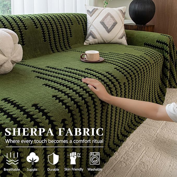 Sherpa Fleece Couch Cover for Dogs Washable Non Slip, Pet Proof Sofa Covers for 3 Cushion Couch Heavy Duty Scratch Resistant Pet Friendly Furniture Cover Fits Love Seat 71" x 134", Green
