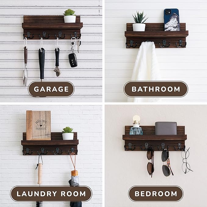 Natural Wooden Key Holder - Wall Mounted Mail Organizer and Key Hanger - Rustic Farmhouse Entryway Shelf with 4 Double Hooks - Decorative Rack for Car Keys, Wallet (Dark Brown)