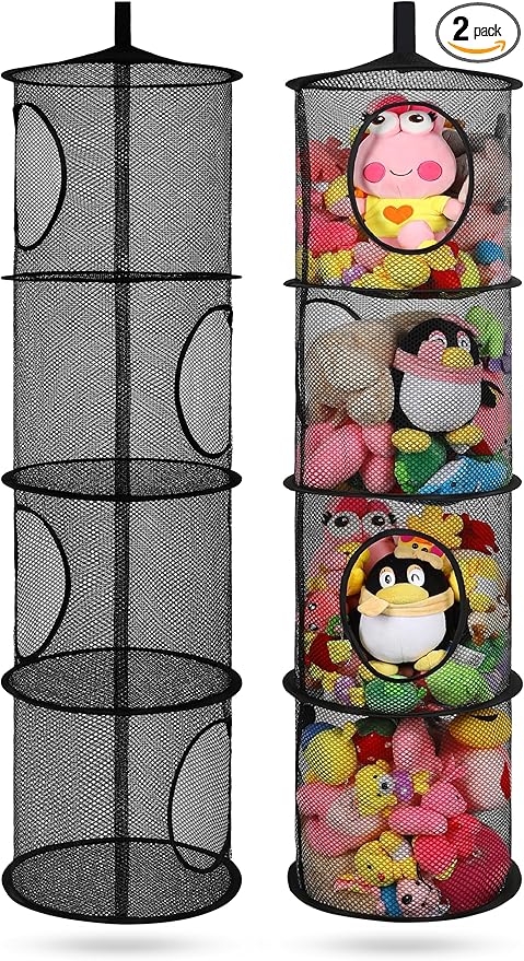 2Pcs Stuffed Animal Storage Organizer Foldable Stuffed Animal Net or Hammock Organizer, 4 Compartments Hanging Mesh Toy Storage Hammock for Kid Room Toys, Gloves, Hats, Socks(Black)