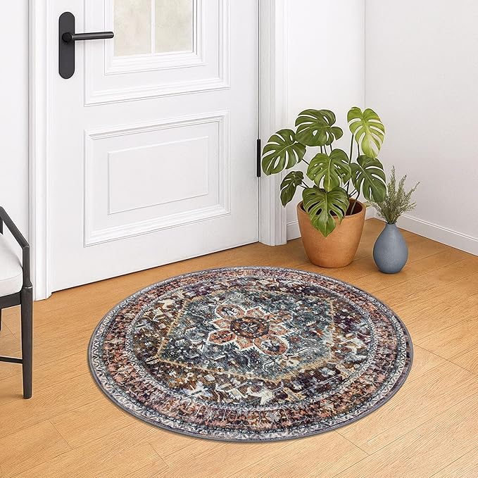 KOZYFLY Boho Round Rug 3 Ft Rugs for Entryway Washable Circle Rug Non Slip Doormat Printed Faux Wool Vintage Round Entryway Rug Floor Carpet Round for Entrance, Bedroom, Brick Red/Orange/Green