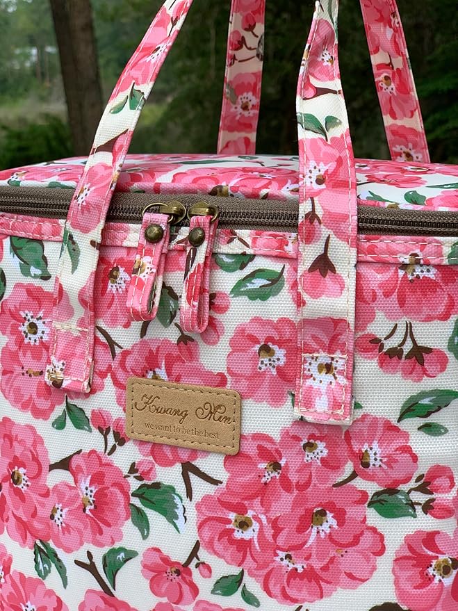 Kwang Min Floral Insulated Lunch Bag for Women,Reusable Lunch Box,Large Cooler for Office,Picnic Outdoors,Premium Waterproof Fabric,Ideal Floral Lunch Bag (Beige Begonia)