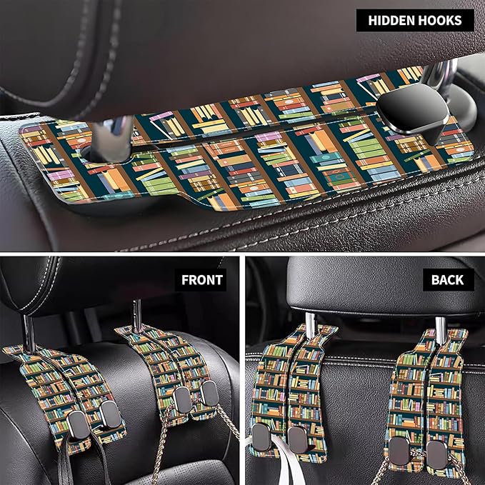 AEWNUNK Purse Hook for Car Vintage Bookshelve Library Bookcase 1 Pack Headrest Back Seat Hook Premium Leather Double Metal Hanger Storage Pack Bag Purse Holder Car Accessories