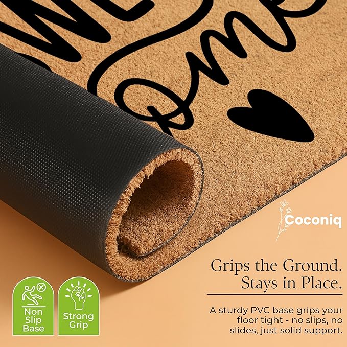 COCONIQ Coir Door Mats 17" X 30", Non-Slip Sturdy, PVC Backed Heavy Duty, Easy to Clean, Ideal for Door Entrance, Patio, Porch, Backyard, Garages, Sweet Home with Hearts