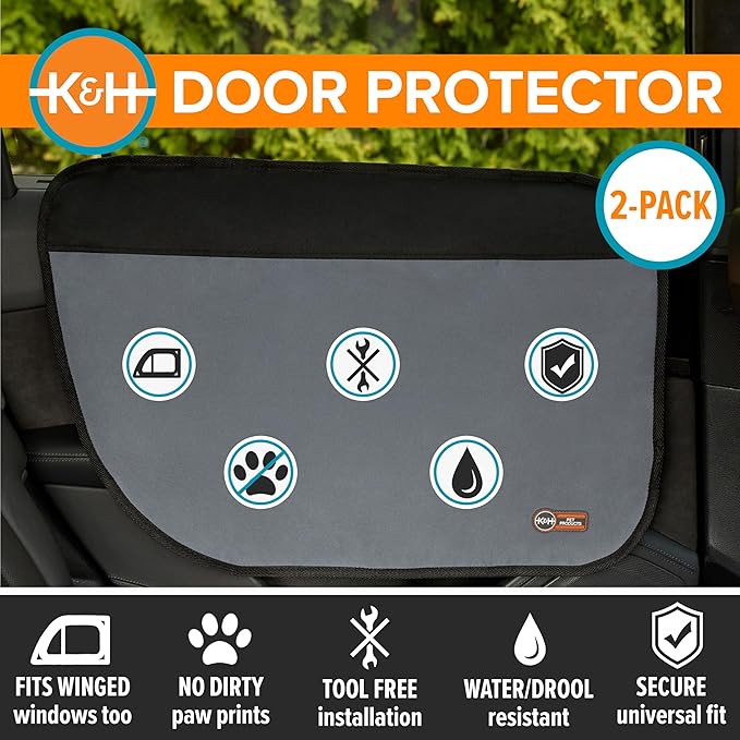 K&H Pet Products Car Door Protector for Dogs, 2 Pack Waterproof Interior Pet Car Door Protector from Dog Scratching, Stay Put Cover Design, Fits Most Vehicles, Washable - 27 x 19in Gray