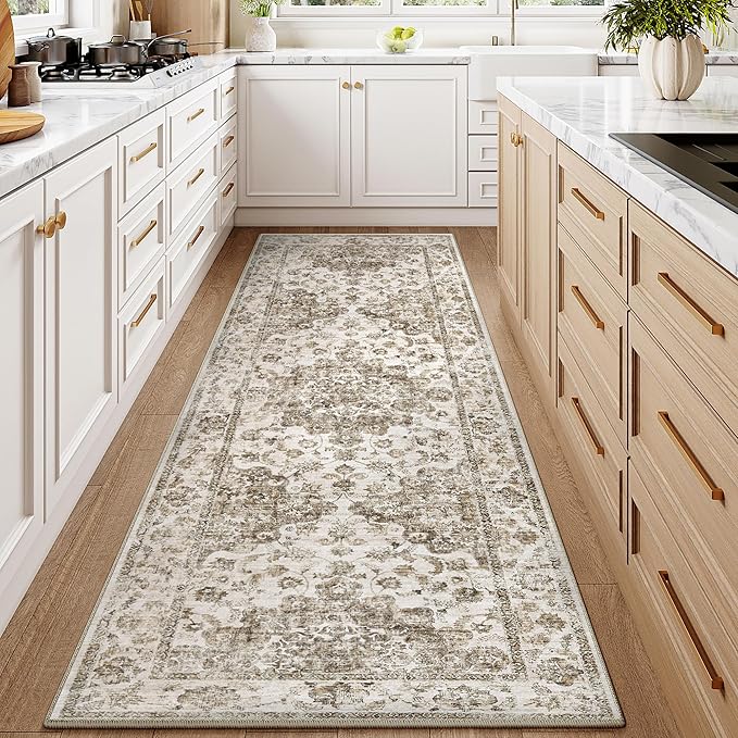 2x6 Washable Neutral Runner Rug Brown Vintage Hallway Kitchen Carpet Non-Slip Soft Low Pile Farmhouse Throw Rug for Bedroom Bathroom Laundry Living Room