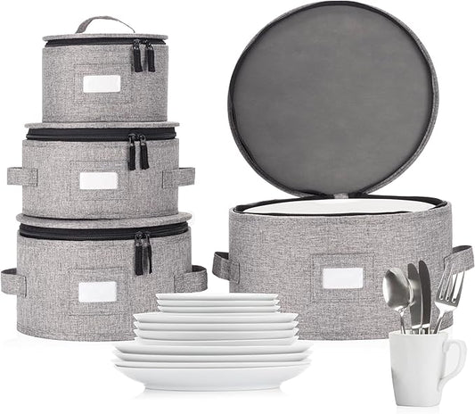 Set of 4 China Storage Cases for Dinnerware - Hard Shell and Stackable - Sizes: 12" - 10" - 8.5" and 7" W - 48 Plate Separators Included