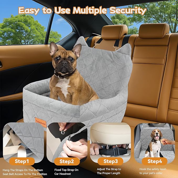 CABZOON Dog Car Seat for Small/Medium Dogs Up to 35lbs,Elevated Cushion Fits in Front/Back Seat,Travel Safety Per Car Bed with Washable Removable Cover, Storage 2 Pockets Grey