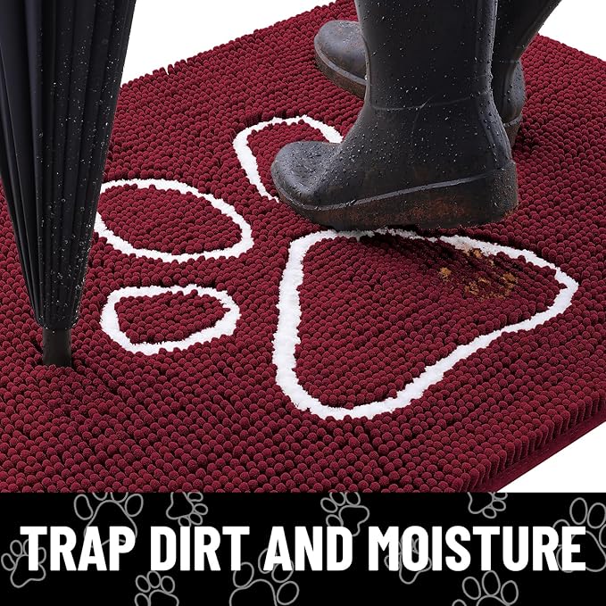 Smiry Dog Door Mat for Muddy Paws, Absorbent Dirt Trapper Non Slip Quick Dry Washable Chenille Mat for Mud Dogs, Entry Rug for Indoor and Outdoor (47x24 Inches, Burgundy and White)