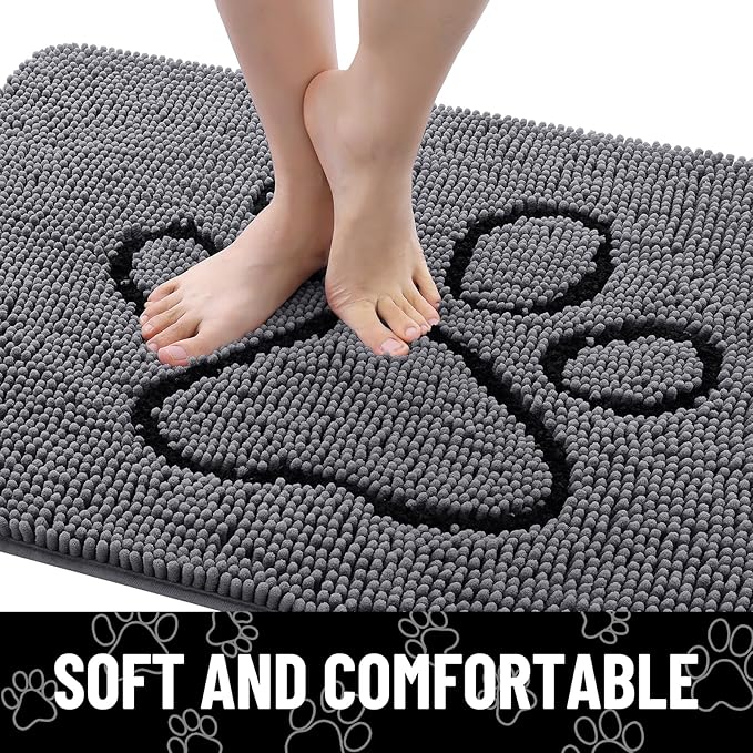 Smiry Dog Door Mat for Muddy Paws, Absorbent Dirt Trapper Non Slip Quick Dry Washable Chenille Mat for Mud Dogs, Entry Rug for Indoor and Outdoor (47x24 Inches, Dark Grey and Black)