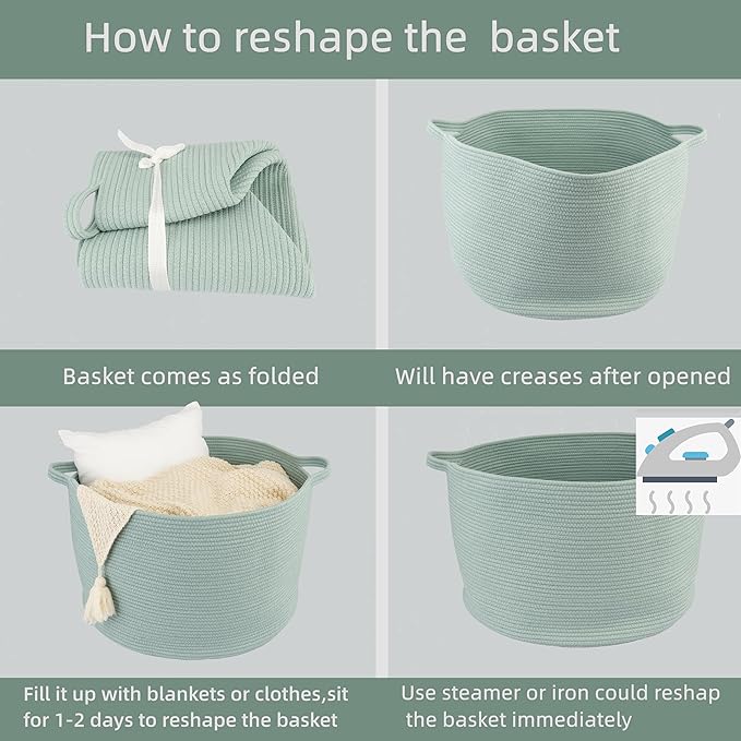 XUANGUO Extra Large Cotton Rope Basket – 22"x14" Woven Storage Basket for Blankets, Toys, Laundry, and Nursery – Round Baskets for Living Room, Kids, and Pets Light Green
