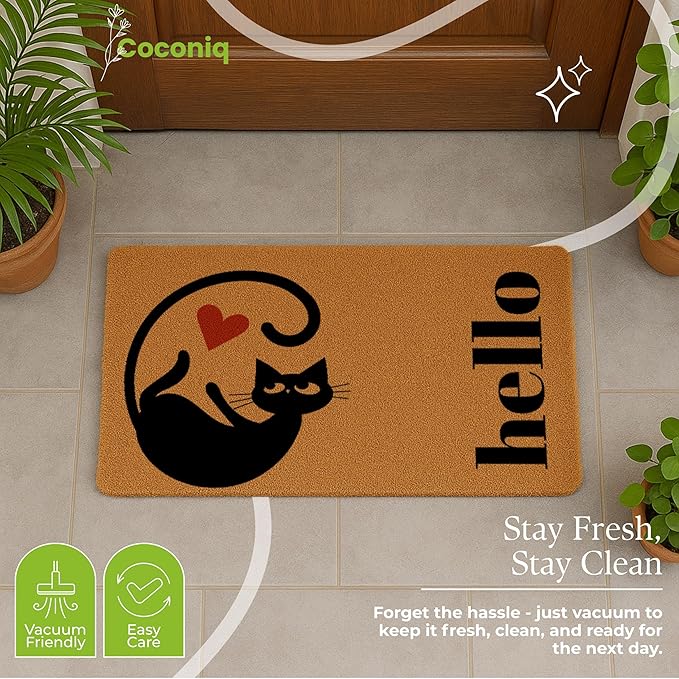 COCONIQ Coir Door Mats 17" X 30", Non-Slip Sturdy, PVC Backed Heavy Duty, Easy to Clean, Ideal for Door Entrance, Patio, Porch, Backyard, Garages, Love of Cats, A Hello