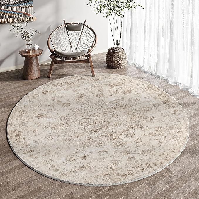 6x6 Washable Neutral Round Rug Beige Vintage Living Room Bedroom Circle Rug Non-Slip Soft Low Pile Farmhouse Indoor Carpet for Kitchen Dining Room Office