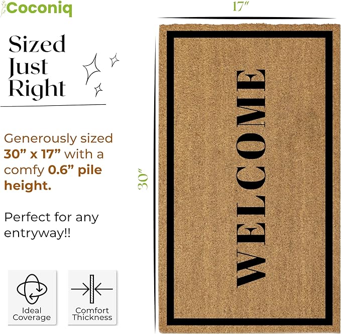 COCONIQ Coir Door Mats 17" X 30", Non-Slip Sturdy, PVC Backed Heavy Duty, Easy to Clean, Ideal for Door Entrance, Patio, Porch, Backyard, Garages, Welcome with Border