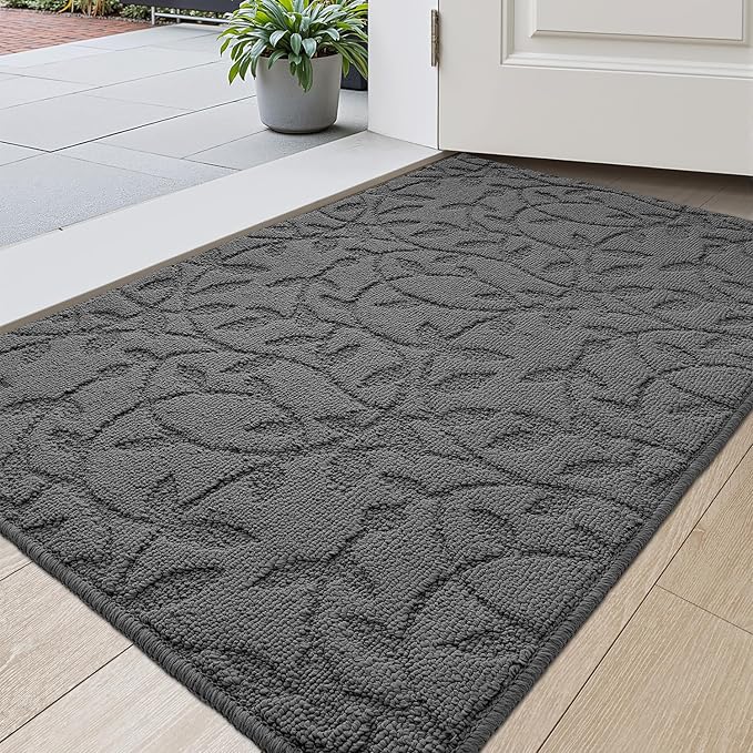 DEXI Front Door Mat Inside Entrance 24x36, Non Slip Dirt Trapper Doormat, Low Profile Thin Entry Mat, Absorbent Easy Clean Welcome Mats for Entryway, Patio, Branch Leaf Grey