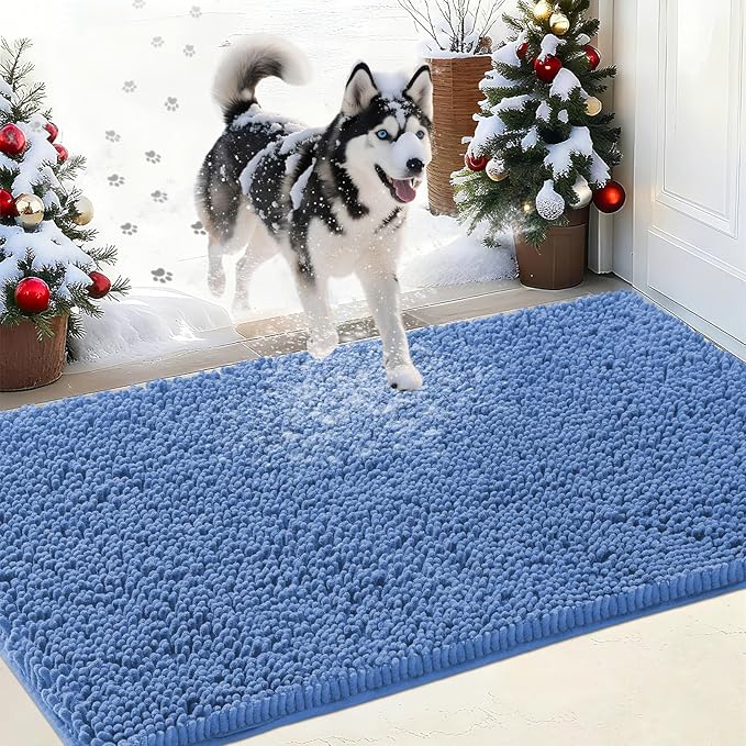 IM HOME Chenille Absorbent Outdoor Doormat 60" x 36", Washable Muddy Door Mats for Dog Non Slip Indoor Doormat Dog Mat for Muddy Paw Front Inside Doormats for Entryway Cornflower Blue