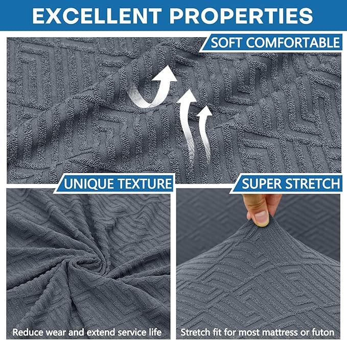 ZNSAYOTX Stretch Fit Futon Cover (67"-82") Armless Futon Sofa Bed Slipcover with Elastic Band, Universal Foldable Sofa Mattress Protector Full Queen Size, Washable Comfort Jacquard (Dark Grey)
