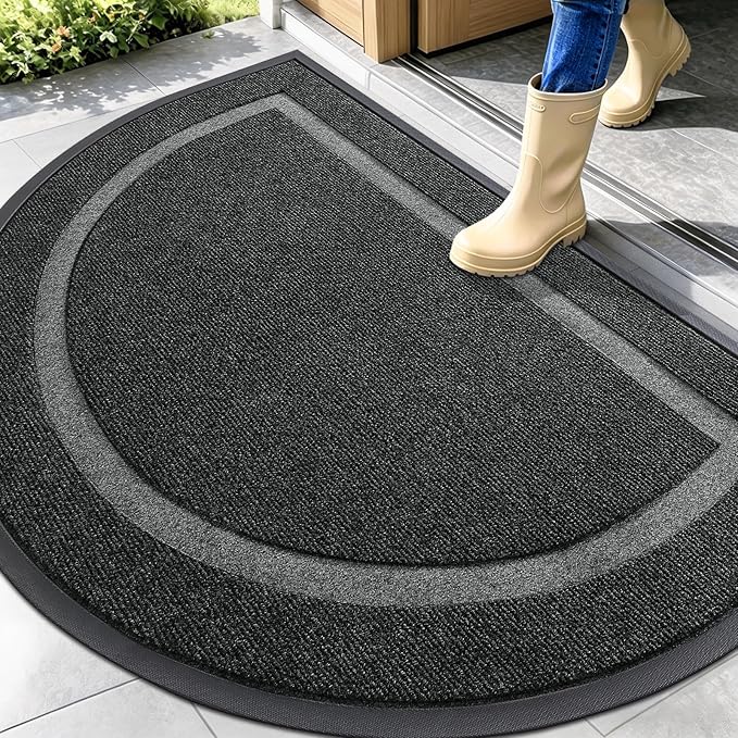 OLANLY Half Circle Door Mat Indoor Outdoor Entrance Welcome, Waterproof All-Season, All-Weather Doormat, Sturdy Natural Rubber, Low Profile, Easy Clean Patio Porch Entryway Mat, 47x32, Black