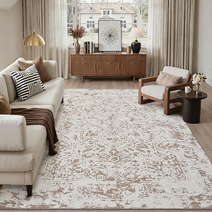 6x9 Fluffy Area Rug Brown Shag Neutral Carpet for Living Room Soft Medium Pile Floral Rug for Bedroom Dorm Office Dining Room Kitchen Nursery Modern Decor