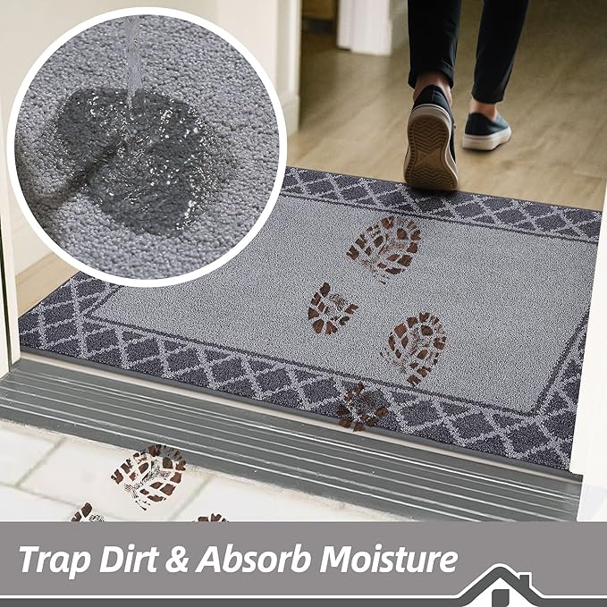 BEQHAUSE Door Mat Dirt Trapper Non Slip Entryway Rugs Absorbent Welcome Mat Low Profile Washable Front Door Mat for Muddy Paws,Entrance,Hallway, 24" x 36",Grey
