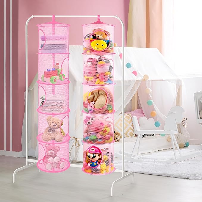 coastal rose 2Pcs Stuffed Animal Storage Foldable Stuffed Animal Net or Hammock Organizer, 5 Compartments Hanging Mesh Toy Storage Hammock for Kid Room Toys, Gloves, Hats, Socks（Pink）