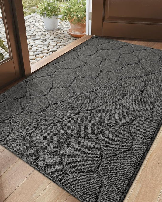 DEXI Front Door Entryway Mat Non Slip, 3x5 ft Washable Inside Entrance for House Floor Low Profile, Thin Entry Doormat Absorbent Dirt Trapper, Pebble Grey