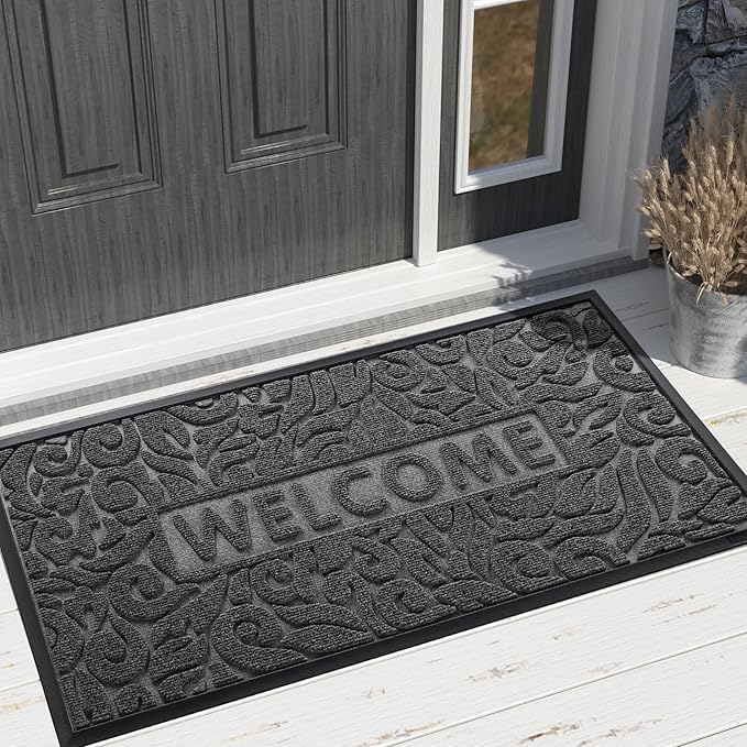 Yimobra Large Welcome Mat 47x32, Waterproof Non-Slip Outdoor Mats for Front Door Outside Entrance, Low-Profile Entryway Mat Indoor for Garage Patio, Grey