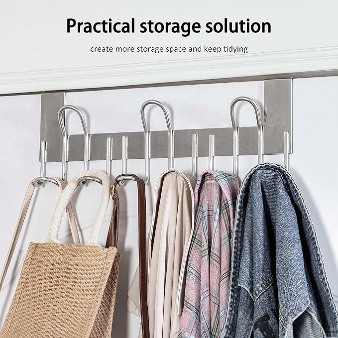 SKOLOO Over The Door Hooks - for Doors up to 1-3/4'' Thickness, Pack of 2, Metal Door Hanger with 9 Hooks, Over The Door Hanger for Coats, Hats, Towels, Silver