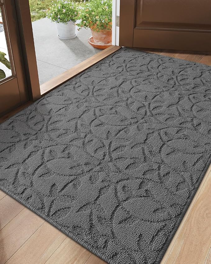 DEXI Front Door Mat Inside Entrance 36x60, Non Slip Dirt Trapper Doormat, Low Profile Thin Entry Mat, Absorbent Easy Clean Welcome Mats for Entryway, Patio, Branch Leaf Grey