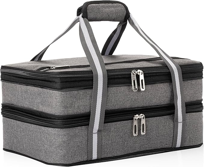 Stack Store Plus More Insulated Casserole Carrier for Hot or Cold Food, Lasagna Holder for Picnic, Potluck, Cookout - Fits 9” x 13” and 11” x 15” Baking Dish – Expandable Double Thermal Bag in Gray