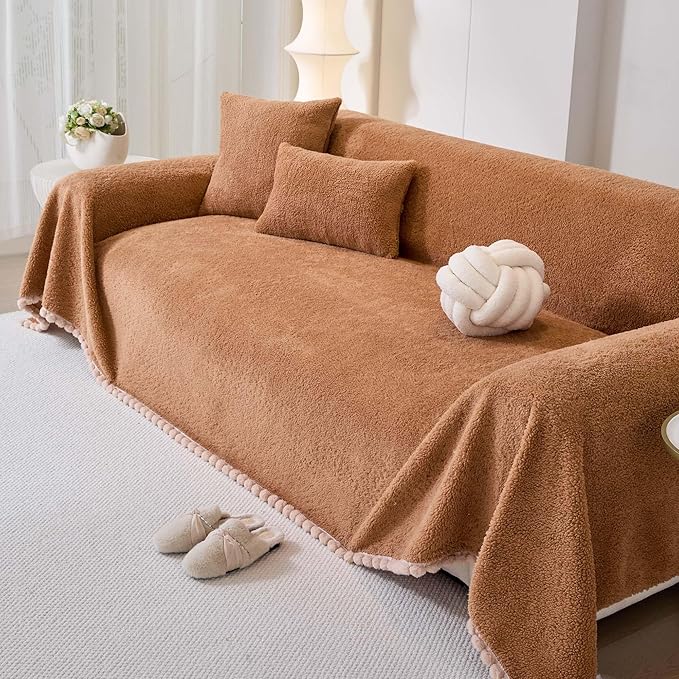 Sherpa Fleece Couch Cover for 3 Cushion Sofa, Brown, 71" x 134" - Pet Proof Sofa Covers Heavy Duty Scratch Resistant Pet Friendly Furniture Cover - Easy Install, Machine Washable