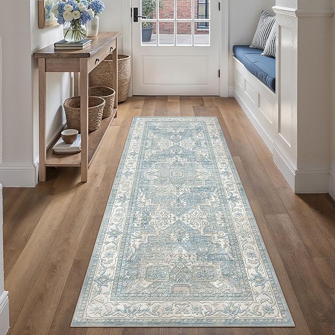 2x6 Washable Vintage Runner Rug Blue Oriental Hallway Kitchen Throw Rug Neutral Non Slip Soft Low Pile Carpet for Bathroom Laundry Bedroom Living Room
