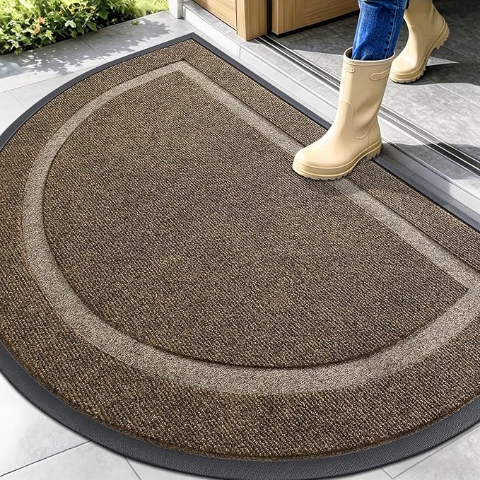 OLANLY Half Circle Door Mat Indoor Outdoor Entrance Welcome, Waterproof All-Season, All-Weather Doormat, Sturdy Natural Rubber, Low Profile, Easy Clean Patio Porch Entryway Mat, 47x32, Brown