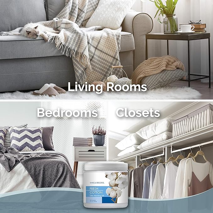 SMELLS BEGONE 15 oz Air Freshener Odor Absorber Gel - Absorbs Odor from Bathrooms, Cars, Pet Areas, Boats and RVs - Made with Essential Oils - Fresh Cotton Scent