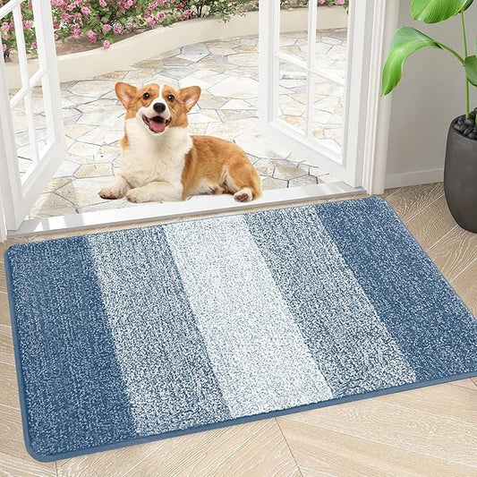Smiry Dog Door Mat for Muddy Paws, Absorbs Moisture and Dirt, Low-Profile Entryway Mat with Non-Slip Backing, Entry Indoor Outdoor Doormat for Inside Floor (30x17 Inches, Light Blue, Striped)