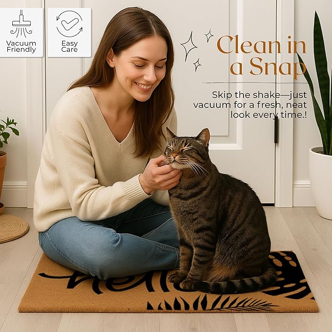 COCONIQ Coir Door Mats 17" X 30", Non-Slip Sturdy, PVC Backed Heavy Duty, Easy to Clean, Ideal for Door Entrance, Patio, Porch, Backyard, Garages, Hello - Black Leaves