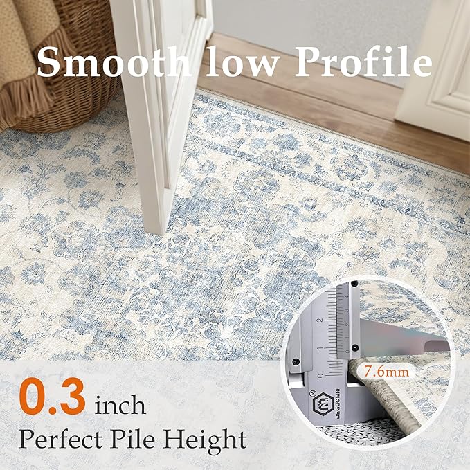 8x10 Washable Neutral Area Rug Blue Vintage Living Room Bedroom Carpet Non-Slip Soft Low Pile Farmhouse Indoor Large Throw Rug for Dining Room Office