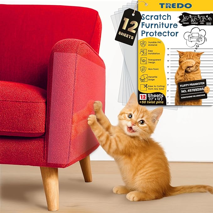 TREDO Anti Cat Scratch Furniture Protector 12-Pack - Large 17"x12" Clear Single Sided Couch Protector with 50 Twist Pins - Easy Install Deterrent for Cats - Protect Furniture, Doors, Walls