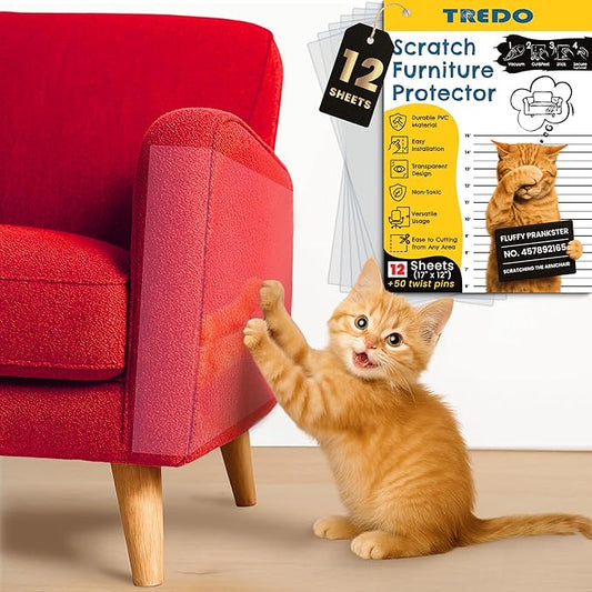 TREDO Anti Cat Scratch Furniture Protector 12-Pack - Large 17"x12" Clear Single Sided Couch Protector with 50 Twist Pins - Easy Install Deterrent for Cats - Protect Furniture, Doors, Walls