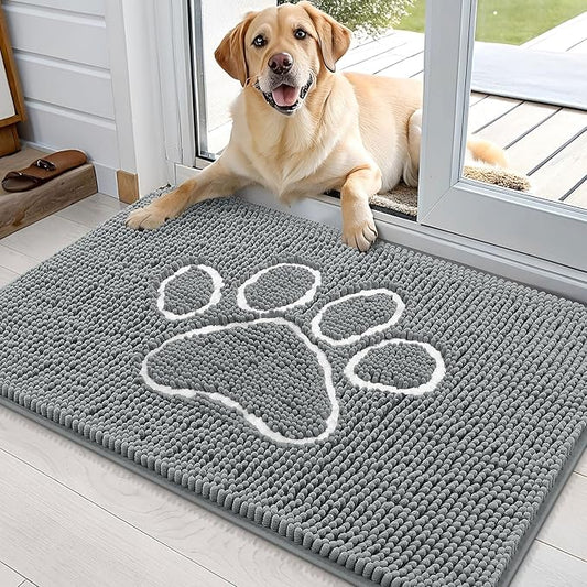 OLANLY Dog Door Mat for Muddy Paws 36x24, Paw Print Design, Absorbs Moisture and Dirt, Absorbent Non-Slip Washable Doormat, Quick Dry Chenille Mud Mat, Entry Indoor Entryway Carpet, Grey and White