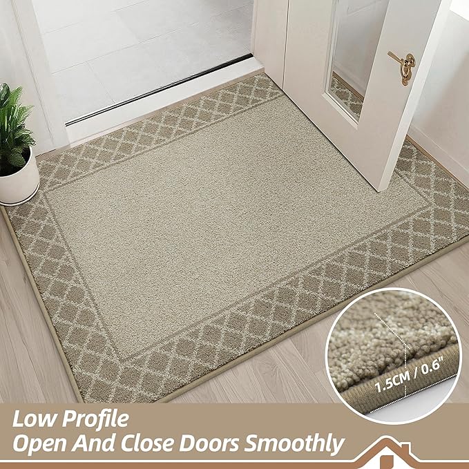 BEQHAUSE Door Mat Dirt Trapper Non Slip Entryway Rugs Absorbent Welcome Mat Low Profile Washable Front Door Mat for Muddy Paws,Entrance,Hallway, 24" x 36",Beige