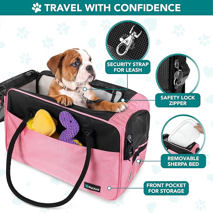 PetAmi Dog Purse Carrier for Small Dogs, Airline Approved Soft Sided Pet Carrier with Pockets, Ventilated Dog Carrying Bag for Puppy Cat, Dog Travel Supplies Bag, Sherpa Bed, Max 12 lbs, Pink
